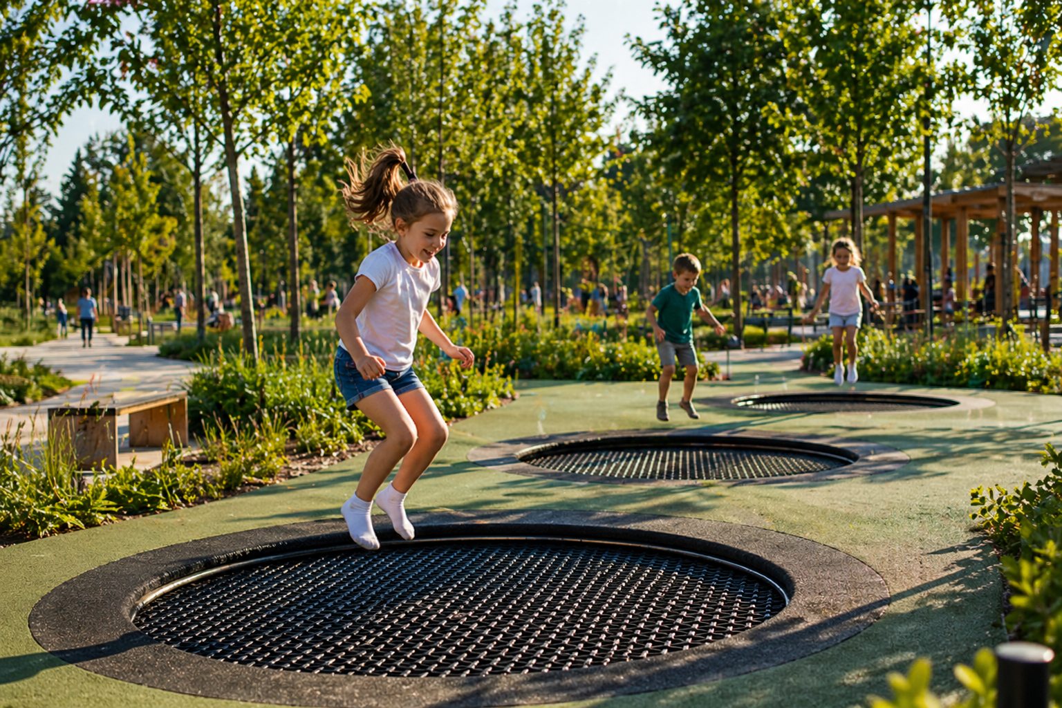 Copii pe trambuline &icirc;ntr-un parc modern